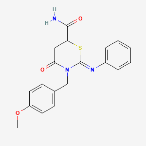 molecular formula C19H19N3O3S B11081540 3-(4-Methoxy-benzyl)-4-oxo-2-phenylimino-[1,3]thiazinane-6-carboxylic acid amide 