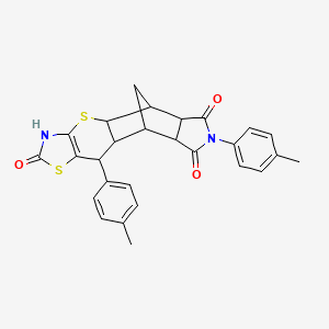 molecular formula C27H24N2O3S2 B11081595 9,14-bis(4-methylphenyl)-3,7-dithia-5,14-diazapentacyclo[9.5.1.02,10.04,8.012,16]heptadec-4(8)-ene-6,13,15-trione 