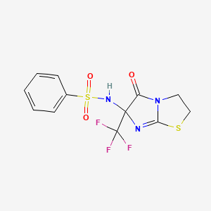 molecular formula C12H10F3N3O3S2 B11081711 N-[5-oxo-6-(trifluoromethyl)-2,3,5,6-tetrahydroimidazo[2,1-b][1,3]thiazol-6-yl]benzenesulfonamide 