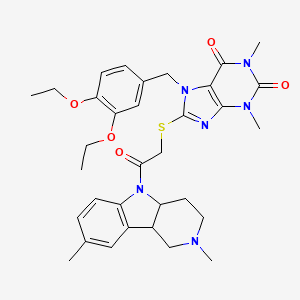 molecular formula C33H40N6O5S B11081805 7-(3,4-diethoxybenzyl)-8-{[2-(2,8-dimethyl-1,2,3,4,4a,9b-hexahydro-5H-pyrido[4,3-b]indol-5-yl)-2-oxoethyl]sulfanyl}-1,3-dimethyl-3,7-dihydro-1H-purine-2,6-dione 