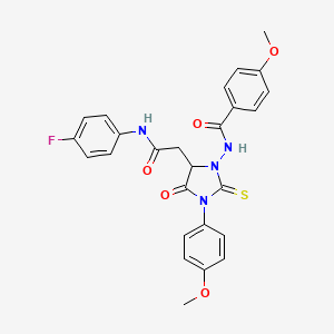 molecular formula C26H23FN4O5S B11081895 N-[5-{2-[(4-fluorophenyl)amino]-2-oxoethyl}-3-(4-methoxyphenyl)-4-oxo-2-thioxoimidazolidin-1-yl]-4-methoxybenzamide 