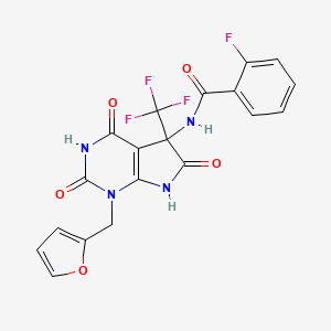 2-fluoro-N-[1-(furan-2-ylmethyl)-4-hydroxy-2,6-dioxo-5-(trifluoromethyl)-2,5,6,7-tetrahydro-1H-pyrrolo[2,3-d]pyrimidin-5-yl]benzamide