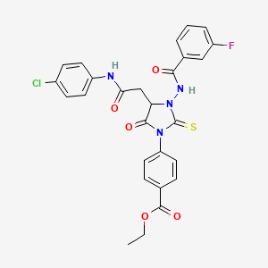 molecular formula C27H22ClFN4O5S B11082339 Ethyl 4-(4-{2-[(4-chlorophenyl)amino]-2-oxoethyl}-3-{[(3-fluorophenyl)carbonyl]amino}-5-oxo-2-thioxoimidazolidin-1-yl)benzoate 