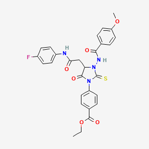 molecular formula C28H25FN4O6S B11082423 Ethyl 4-(4-{2-[(4-fluorophenyl)amino]-2-oxoethyl}-3-{[(4-methoxyphenyl)carbonyl]amino}-5-oxo-2-thioxoimidazolidin-1-yl)benzoate 