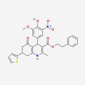 molecular formula C30H28N2O7S B11082466 2-Phenylethyl 4-(4-hydroxy-3-methoxy-5-nitrophenyl)-2-methyl-5-oxo-7-(thiophen-2-yl)-1,4,5,6,7,8-hexahydroquinoline-3-carboxylate 