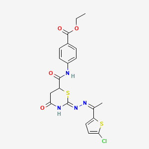 molecular formula C20H19ClN4O4S2 B11082579 ethyl 4-({[(2Z)-2-{(2Z)-[1-(5-chlorothiophen-2-yl)ethylidene]hydrazinylidene}-4-oxo-1,3-thiazinan-6-yl]carbonyl}amino)benzoate 