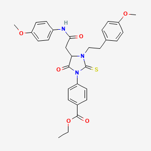 molecular formula C30H31N3O6S B11082629 Ethyl 4-(4-{2-[(4-methoxyphenyl)amino]-2-oxoethyl}-3-[2-(4-methoxyphenyl)ethyl]-5-oxo-2-thioxoimidazolidin-1-yl)benzoate 