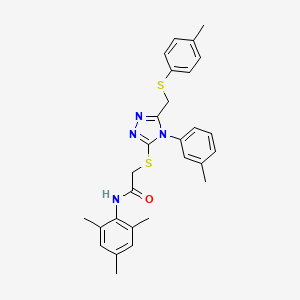 molecular formula C28H30N4OS2 B11082711 N-Mesityl-2-{[4-(3-methylphenyl)-5-{[(4-methylphenyl)sulfanyl]methyl}-4H-1,2,4-triazol-3-YL]sulfanyl}acetamide 