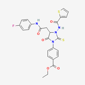 molecular formula C25H21FN4O5S2 B11082834 Ethyl 4-(4-{2-[(4-fluorophenyl)amino]-2-oxoethyl}-5-oxo-3-[(thiophen-2-ylcarbonyl)amino]-2-thioxoimidazolidin-1-yl)benzoate 