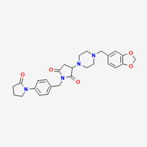 molecular formula C27H30N4O5 B11082990 3-[4-(1,3-Benzodioxol-5-ylmethyl)piperazin-1-yl]-1-[4-(2-oxopyrrolidin-1-yl)benzyl]pyrrolidine-2,5-dione 