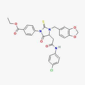 molecular formula C28H24ClN3O6S B11083331 Ethyl 4-[3-(1,3-benzodioxol-5-ylmethyl)-4-{2-[(4-chlorophenyl)amino]-2-oxoethyl}-5-oxo-2-thioxoimidazolidin-1-yl]benzoate 