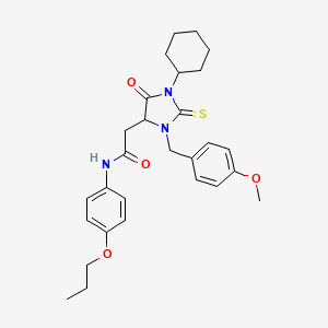 molecular formula C28H35N3O4S B11083354 2-[1-cyclohexyl-3-(4-methoxybenzyl)-5-oxo-2-thioxoimidazolidin-4-yl]-N-(4-propoxyphenyl)acetamide 