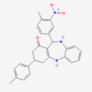 molecular formula C27H25N3O3 B11083615 11-(4-methyl-3-nitrophenyl)-3-(4-methylphenyl)-2,3,4,5,10,11-hexahydro-1H-dibenzo[b,e][1,4]diazepin-1-one 