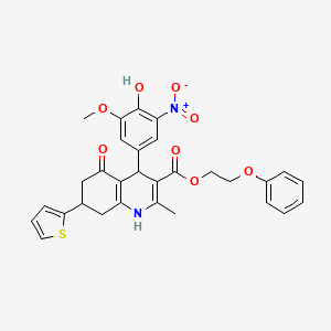 2-Phenoxyethyl 4-(4-hydroxy-3-methoxy-5-nitrophenyl)-2-methyl-5-oxo-7-(thiophen-2-yl)-1,4,5,6,7,8-hexahydroquinoline-3-carboxylate