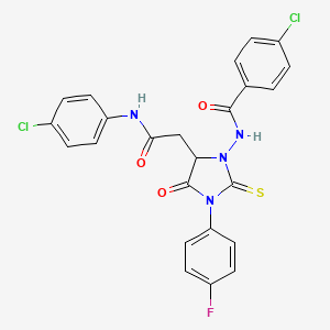 molecular formula C24H17Cl2FN4O3S B11083969 4-chloro-N-[5-{2-[(4-chlorophenyl)amino]-2-oxoethyl}-3-(4-fluorophenyl)-4-oxo-2-thioxoimidazolidin-1-yl]benzamide 