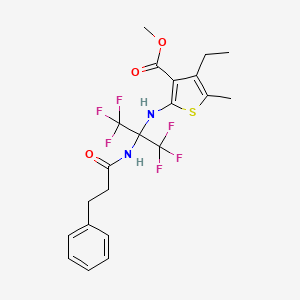 molecular formula C21H22F6N2O3S B11084061 Methyl 4-ethyl-2-({1,1,1,3,3,3-hexafluoro-2-[(3-phenylpropanoyl)amino]propan-2-yl}amino)-5-methylthiophene-3-carboxylate 