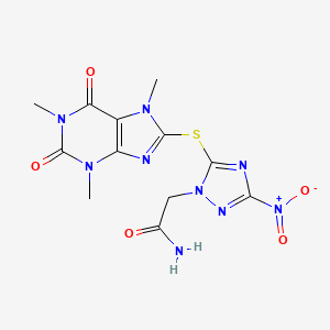 molecular formula C12H13N9O5S B11084108 2-{3-nitro-5-[(1,3,7-trimethyl-2,6-dioxo-2,3,6,7-tetrahydro-1H-purin-8-yl)sulfanyl]-1H-1,2,4-triazol-1-yl}acetamide 