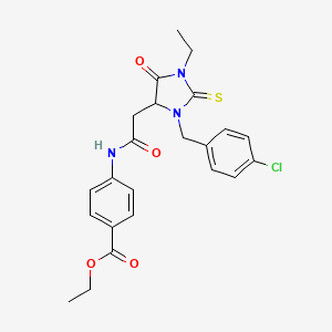 molecular formula C23H24ClN3O4S B11084114 Ethyl 4-({[3-(4-chlorobenzyl)-1-ethyl-5-oxo-2-thioxoimidazolidin-4-yl]acetyl}amino)benzoate 