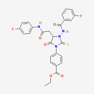 molecular formula C27H22F2N4O5S B11084182 Ethyl 4-(4-{2-[(4-fluorophenyl)amino]-2-oxoethyl}-3-{[(3-fluorophenyl)carbonyl]amino}-5-oxo-2-thioxoimidazolidin-1-yl)benzoate 