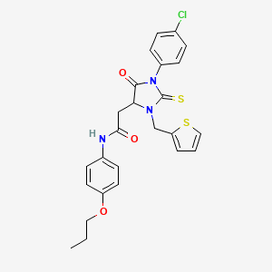 molecular formula C25H24ClN3O3S2 B11084304 2-[1-(4-chlorophenyl)-5-oxo-3-(thiophen-2-ylmethyl)-2-thioxoimidazolidin-4-yl]-N-(4-propoxyphenyl)acetamide 