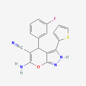 molecular formula C17H11FN4OS B11084378 6-Amino-4-(3-fluoro-phenyl)-3-thiophen-2-yl-1,4-dihydro-pyrano[2,3-c]pyrazole-5-carbonitrile 