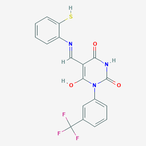 molecular formula C18H12F3N3O3S B11084416 (5E)-5-{[(2-sulfanylphenyl)amino]methylidene}-1-[3-(trifluoromethyl)phenyl]pyrimidine-2,4,6(1H,3H,5H)-trione 