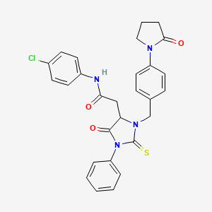 molecular formula C28H25ClN4O3S B11084484 N-(4-chlorophenyl)-2-{5-oxo-3-[4-(2-oxopyrrolidin-1-yl)benzyl]-1-phenyl-2-thioxoimidazolidin-4-yl}acetamide 