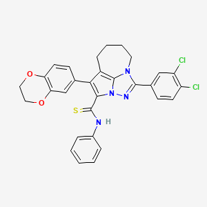 molecular formula C30H24Cl2N4O2S B11084626 1-(3,4-dichlorophenyl)-4-(2,3-dihydro-1,4-benzodioxin-6-yl)-N-phenyl-5,6,7,8-tetrahydro-2,2a,8a-triazacyclopenta[cd]azulene-3-carbothioamide 