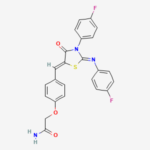 molecular formula C24H17F2N3O3S B11084747 2-{4-[(Z)-{(2Z)-3-(4-fluorophenyl)-2-[(4-fluorophenyl)imino]-4-oxo-1,3-thiazolidin-5-ylidene}methyl]phenoxy}acetamide 