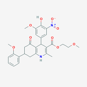 molecular formula C28H30N2O9 B11085179 2-Methoxyethyl 4-(4-hydroxy-3-methoxy-5-nitrophenyl)-7-(2-methoxyphenyl)-2-methyl-5-oxo-1,4,5,6,7,8-hexahydroquinoline-3-carboxylate 