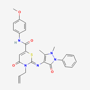 (2Z)-2-[(1,5-dimethyl-3-oxo-2-phenyl-2,3-dihydro-1H-pyrazol-4-yl)imino]-N-(4-methoxyphenyl)-4-oxo-3-(prop-2-en-1-yl)-3,4-dihydro-2H-1,3-thiazine-6-carboxamide