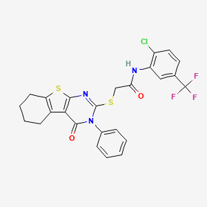 molecular formula C25H19ClF3N3O2S2 B11085685 N-[2-chloro-5-(trifluoromethyl)phenyl]-2-[(4-oxo-3-phenyl-3,4,5,6,7,8-hexahydro[1]benzothieno[2,3-d]pyrimidin-2-yl)sulfanyl]acetamide 