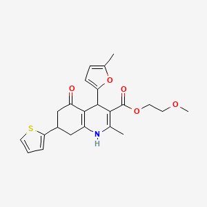 molecular formula C23H25NO5S B11085744 2-Methoxyethyl 2-methyl-4-(5-methylfuran-2-yl)-5-oxo-7-(thiophen-2-yl)-1,4,5,6,7,8-hexahydroquinoline-3-carboxylate 