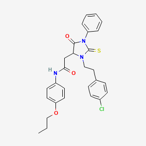 molecular formula C28H28ClN3O3S B11086551 2-{3-[2-(4-chlorophenyl)ethyl]-5-oxo-1-phenyl-2-thioxoimidazolidin-4-yl}-N-(4-propoxyphenyl)acetamide 