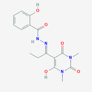 molecular formula C16H18N4O5 B11086783 N'-[1-(1,3-dimethyl-2,4,6-trioxotetrahydropyrimidin-5(2H)-ylidene)propyl]-2-hydroxybenzohydrazide 