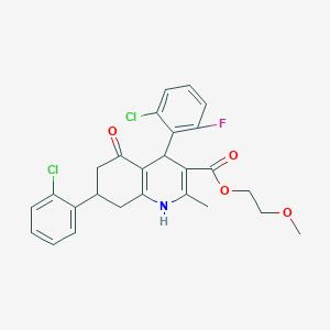 molecular formula C26H24Cl2FNO4 B11086980 2-Methoxyethyl 4-(2-chloro-6-fluorophenyl)-7-(2-chlorophenyl)-2-methyl-5-oxo-1,4,5,6,7,8-hexahydroquinoline-3-carboxylate 