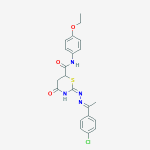 (2E)-2-{(2E)-[1-(4-chlorophenyl)ethylidene]hydrazinylidene}-N-(4-ethoxyphenyl)-4-oxo-1,3-thiazinane-6-carboxamide