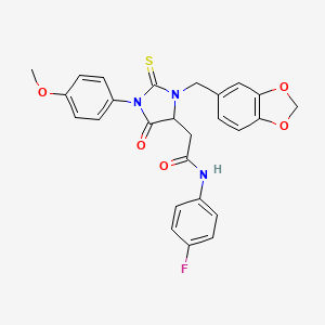 2-[3-(1,3-benzodioxol-5-ylmethyl)-1-(4-methoxyphenyl)-5-oxo-2-thioxoimidazolidin-4-yl]-N-(4-fluorophenyl)acetamide