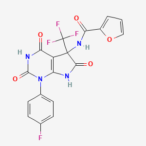 molecular formula C18H10F4N4O5 B11087451 N-[1-(4-fluorophenyl)-4-hydroxy-2,6-dioxo-5-(trifluoromethyl)-2,5,6,7-tetrahydro-1H-pyrrolo[2,3-d]pyrimidin-5-yl]furan-2-carboxamide 