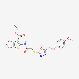 molecular formula C22H23N3O6S2 B11087532 ethyl 2-{[({5-[(4-methoxyphenoxy)methyl]-1,3,4-oxadiazol-2-yl}sulfanyl)acetyl]amino}-5,6-dihydro-4H-cyclopenta[b]thiophene-3-carboxylate 