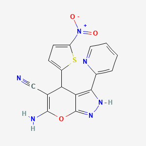 molecular formula C16H10N6O3S B11087792 6-Amino-4-(5-nitrothiophen-2-yl)-3-(pyridin-2-yl)-1,4-dihydropyrano[2,3-c]pyrazole-5-carbonitrile 