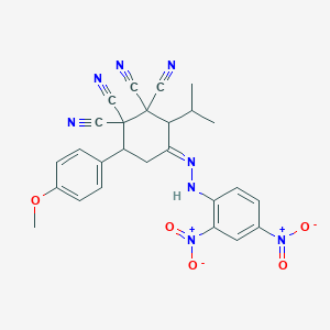 molecular formula C26H22N8O5 B11088106 (4E)-4-[2-(2,4-dinitrophenyl)hydrazinylidene]-6-(4-methoxyphenyl)-3-(propan-2-yl)cyclohexane-1,1,2,2-tetracarbonitrile 