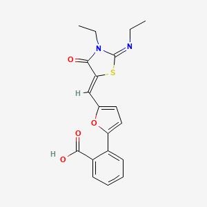 molecular formula C19H18N2O4S B11088113 2-(5-{(Z)-[(2Z)-3-ethyl-2-(ethylimino)-4-oxo-1,3-thiazolidin-5-ylidene]methyl}furan-2-yl)benzoic acid 