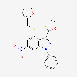 molecular formula C21H17N3O4S2 B11088128 4-[(furan-2-ylmethyl)sulfanyl]-6-nitro-3-(1,3-oxathiolan-2-yl)-1-phenyl-1H-indazole 