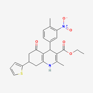 molecular formula C24H24N2O5S B11088182 Ethyl 2-methyl-4-(4-methyl-3-nitrophenyl)-5-oxo-7-(thiophen-2-yl)-1,4,5,6,7,8-hexahydroquinoline-3-carboxylate 