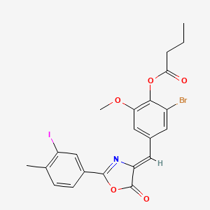 molecular formula C22H19BrINO5 B11088670 2-bromo-4-{(Z)-[2-(3-iodo-4-methylphenyl)-5-oxo-1,3-oxazol-4(5H)-ylidene]methyl}-6-methoxyphenyl butanoate 