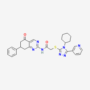 molecular formula C29H29N7O2S B11088720 2-{[4-cyclohexyl-5-(pyridin-3-yl)-4H-1,2,4-triazol-3-yl]sulfanyl}-N-(5-oxo-7-phenyl-5,6,7,8-tetrahydroquinazolin-2-yl)acetamide 