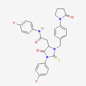 molecular formula C28H24F2N4O3S B11088909 N-(4-fluorophenyl)-2-{1-(4-fluorophenyl)-5-oxo-3-[4-(2-oxopyrrolidin-1-yl)benzyl]-2-thioxoimidazolidin-4-yl}acetamide 