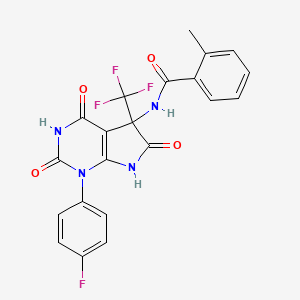 molecular formula C21H14F4N4O4 B11088972 N-[1-(4-fluorophenyl)-4-hydroxy-2,6-dioxo-5-(trifluoromethyl)-2,5,6,7-tetrahydro-1H-pyrrolo[2,3-d]pyrimidin-5-yl]-2-methylbenzamide 