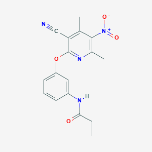 molecular formula C17H16N4O4 B11089196 N-{3-[(3-cyano-4,6-dimethyl-5-nitropyridin-2-yl)oxy]phenyl}propanamide 